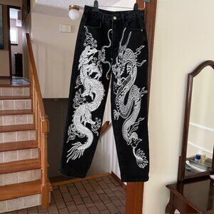 SHEIN Black Jeans with White Dragon Size S